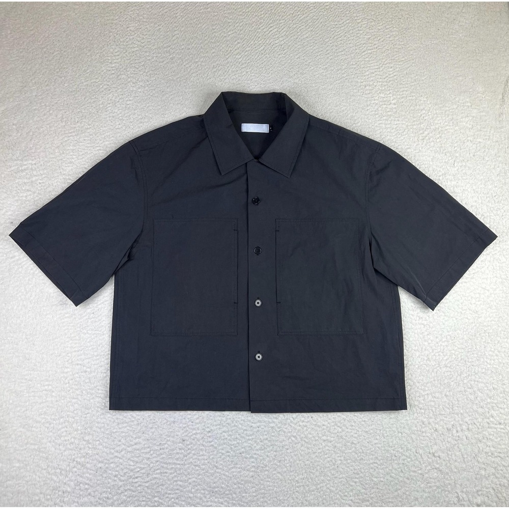AMOMENTO Shirt Mens Medium Black Boxy Short Sleeve Button Up Patch Pockets